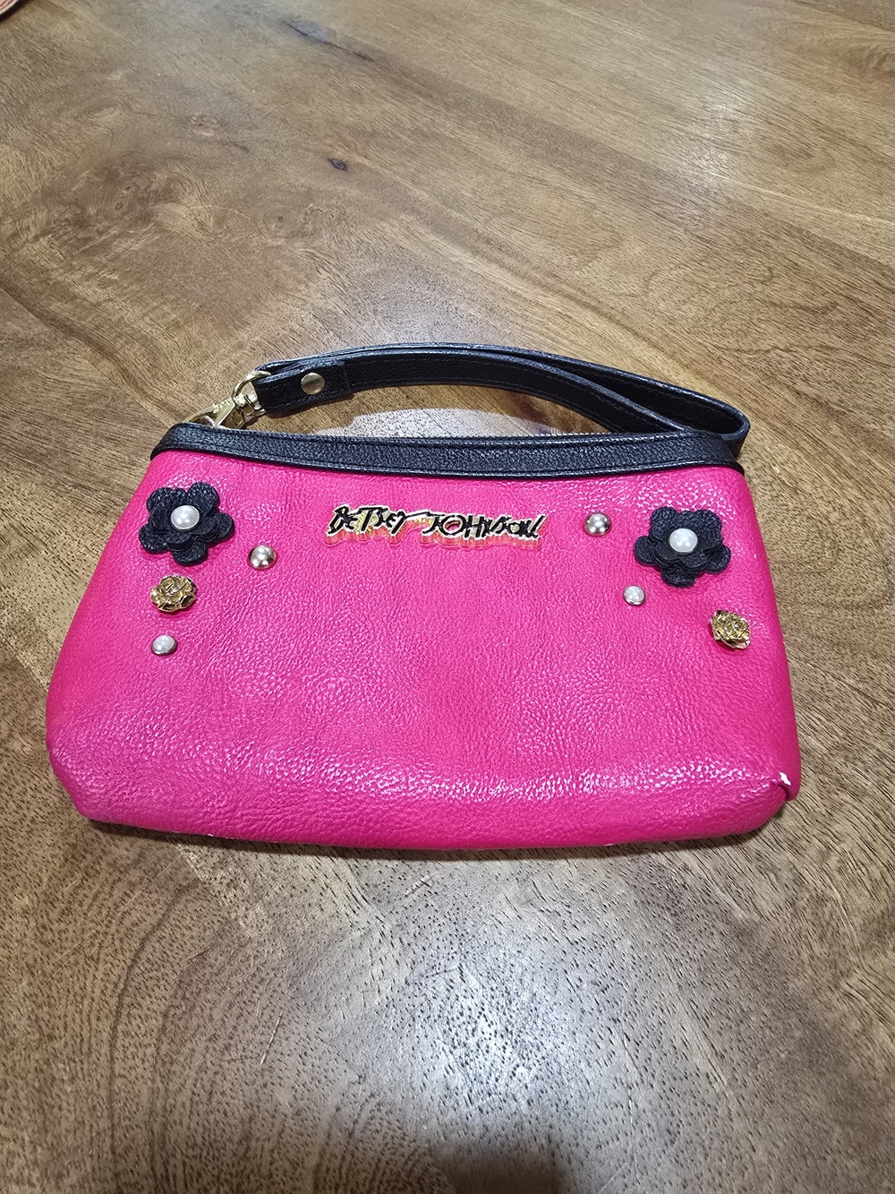 Betsey Johnson Hot Pink Floral Studded Wristlet Clutch